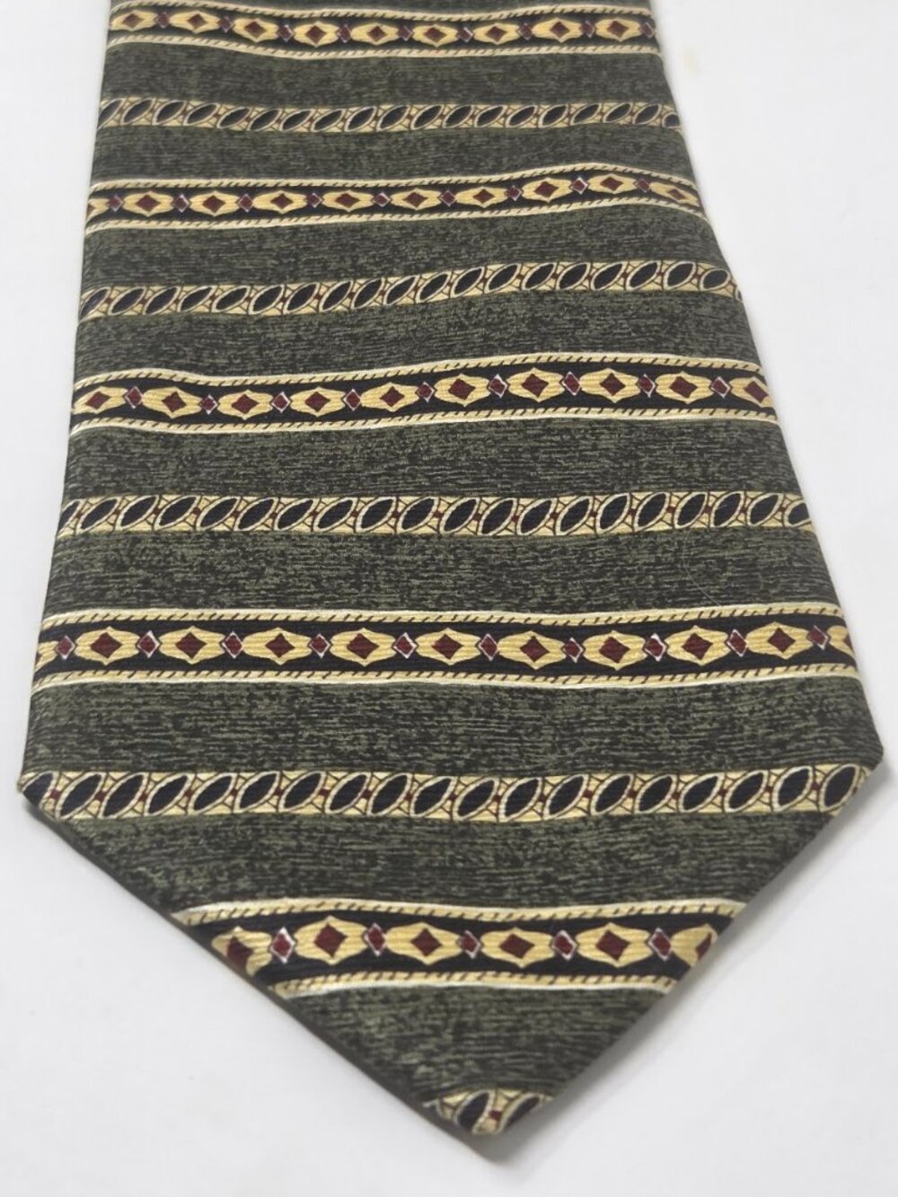 Charleston Tie Rack 100% Silk Tie 59 Inch Olive Green Geometric Stripe Italy
